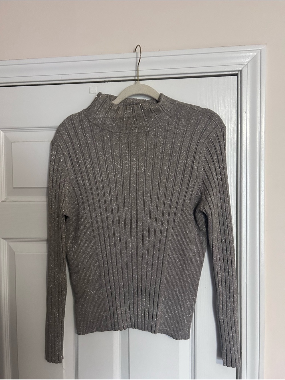 Peck & Peck Metallic Taupe Ribbed Mock Neck Sweater
